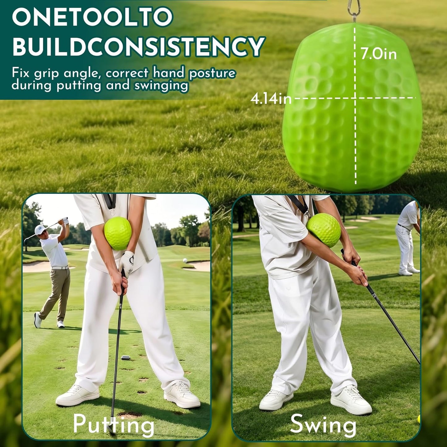 Golf Training Aid - Golf Swing Trainer with Extra-Long Adjustable Lanyard for Posture Correction - High-Density PU Connector Ball for Muscle Memory and Arm Synchronization