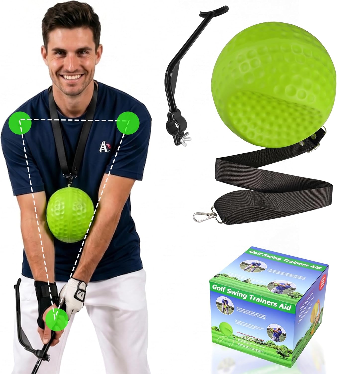 Golf Training Aid - Golf Swing Trainer with Extra-Long Adjustable Lanyard for Posture Correction - High-Density PU Connector Ball for Muscle Memory and Arm Synchronization